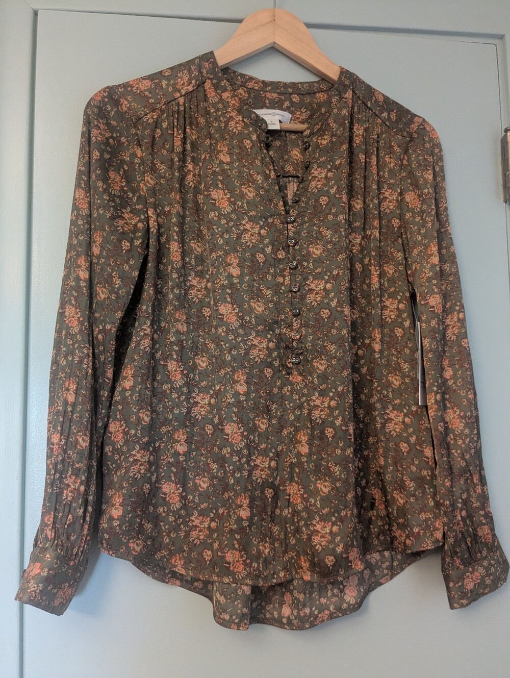 Treasure And Bond Floral Button-Front Long-Sleeve Blouse - Green/Pink